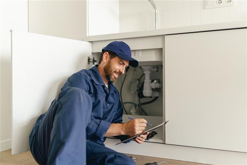 Residential plumber reviewing plumbing repairs in a Imperial Beach kitchen