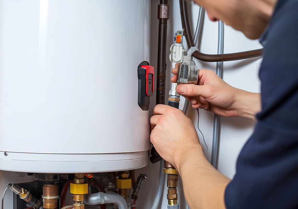Technician repairing pipes connected to a water heater in Imperial Beach